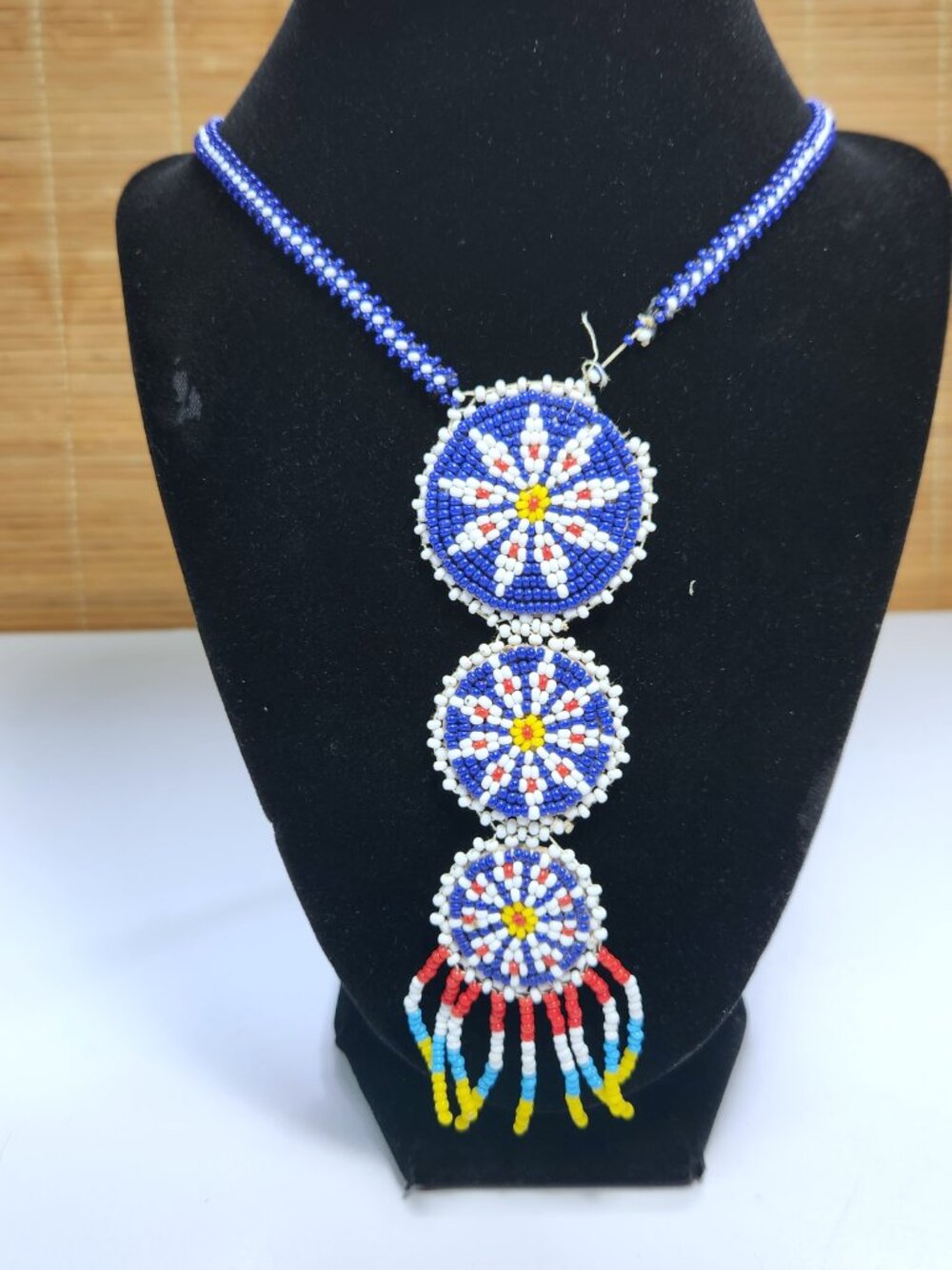 Vintage 3-Tier Seed Bead Medallion Necklace Starburst Fringe Navy Boho 1970s